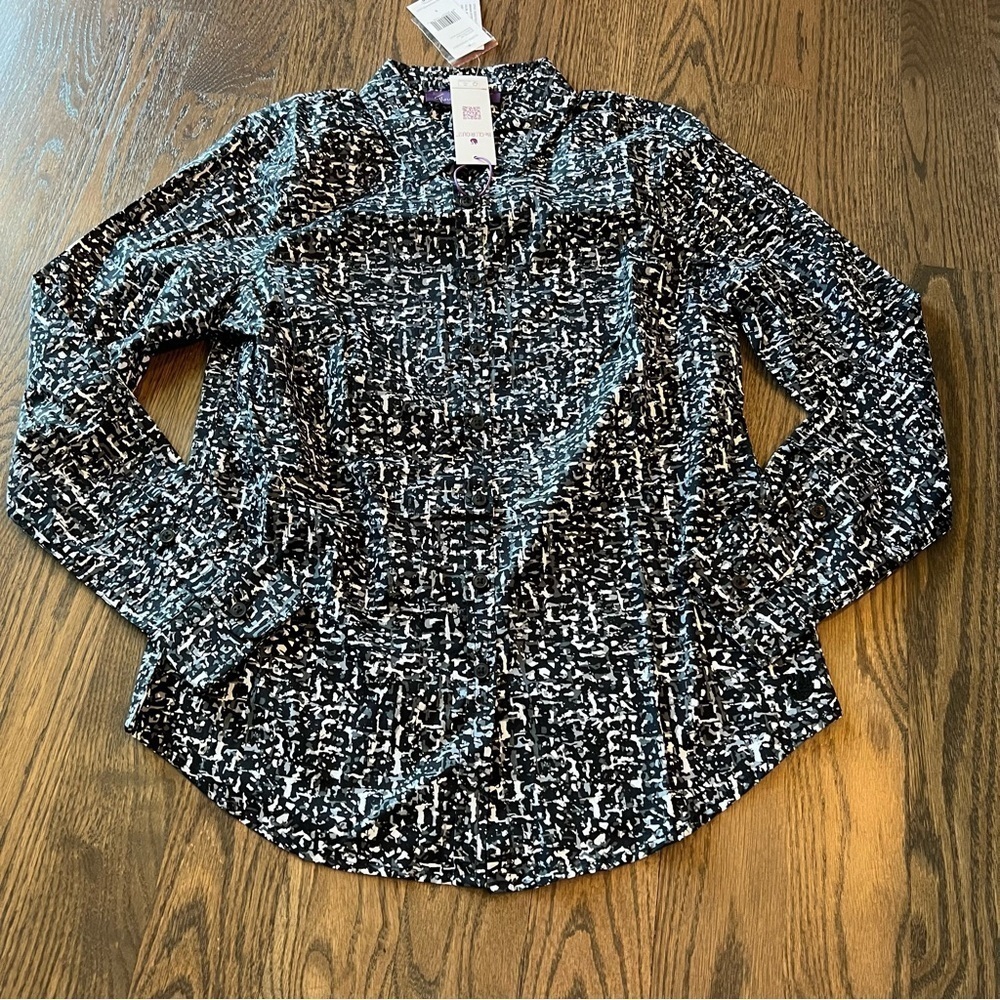 NWT Gloria Vanderbilt Amanda button up blouse black/grey/white size small